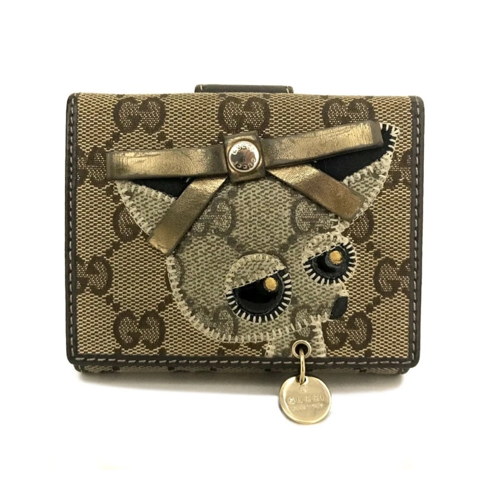 GUCCI Guccioli Chihuahua Motif GG Logo Canvas Leather Bifold Wallet